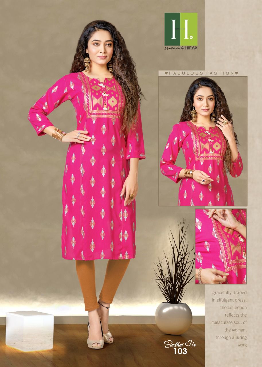 Hirwa Badhai Ho Rayon Regular Wear Rayon Designer Kurti Collection